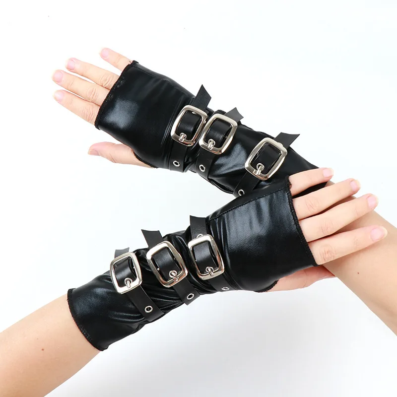 Gloves Arm Sleeves Patent Leather Metal Buckle Black Wristband Dark Punk Party Dance Studded Accessories Women Men Unisex Soft