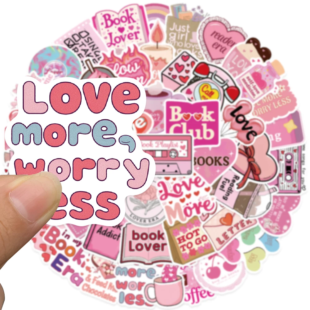 50pcs Cartoon Pink Girls Reading Book Lover Stickers For Laptop Luggage Water Bottle Scrapbook Phone Waterproof Vinyl Decals