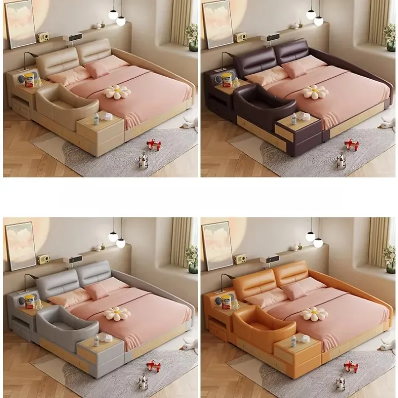 Luxury Girls Multi Functional Bed Organizer Beige Full Size Bedroom Double Bed Twin Smart Bedframe Camas De Dormitorio Furniture