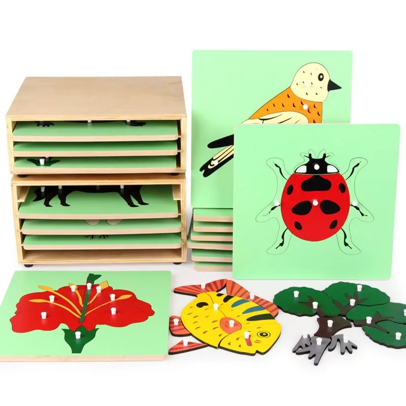 Montessori Parish Learning Puzzles Toys Wooden Animal Plant Grasping Board Jigsaw Sensory Cognition Open Teaching Aids Material