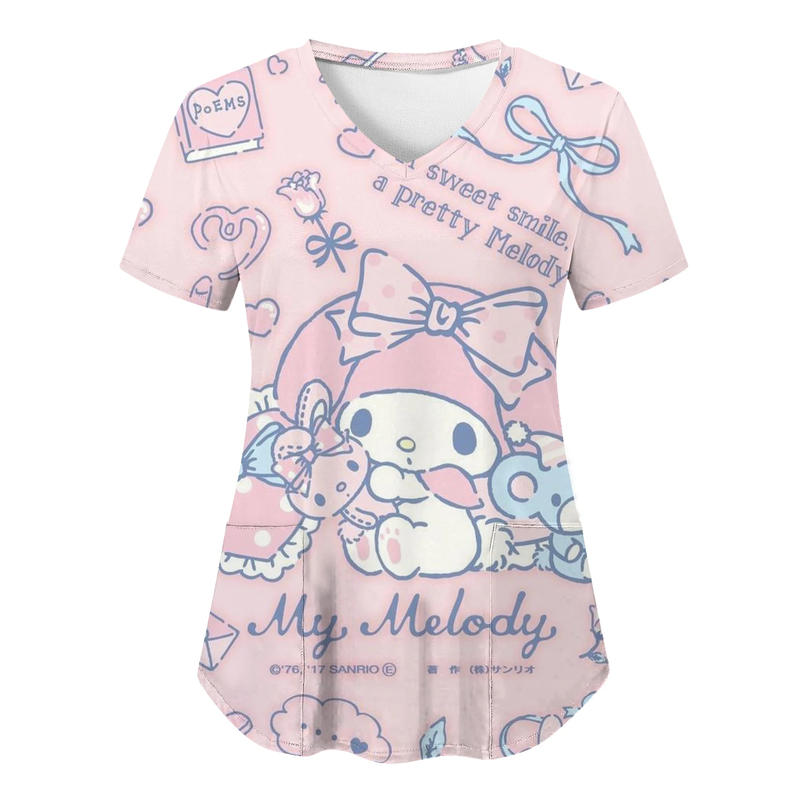 Hello Kitty Kuromi Sanrio Summer Nurse Uniform Women T-shirts Pocket Hospital T-shirt HD Print Cartoon Top V Neck Y2k New Pocket