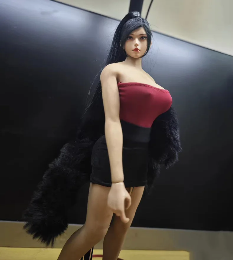 1/6 escala urbana menina sexy roupas terno tubo vermelho superior apertado quadris saia casaco de pele para 12in figura de ação grande peito corpo modelo