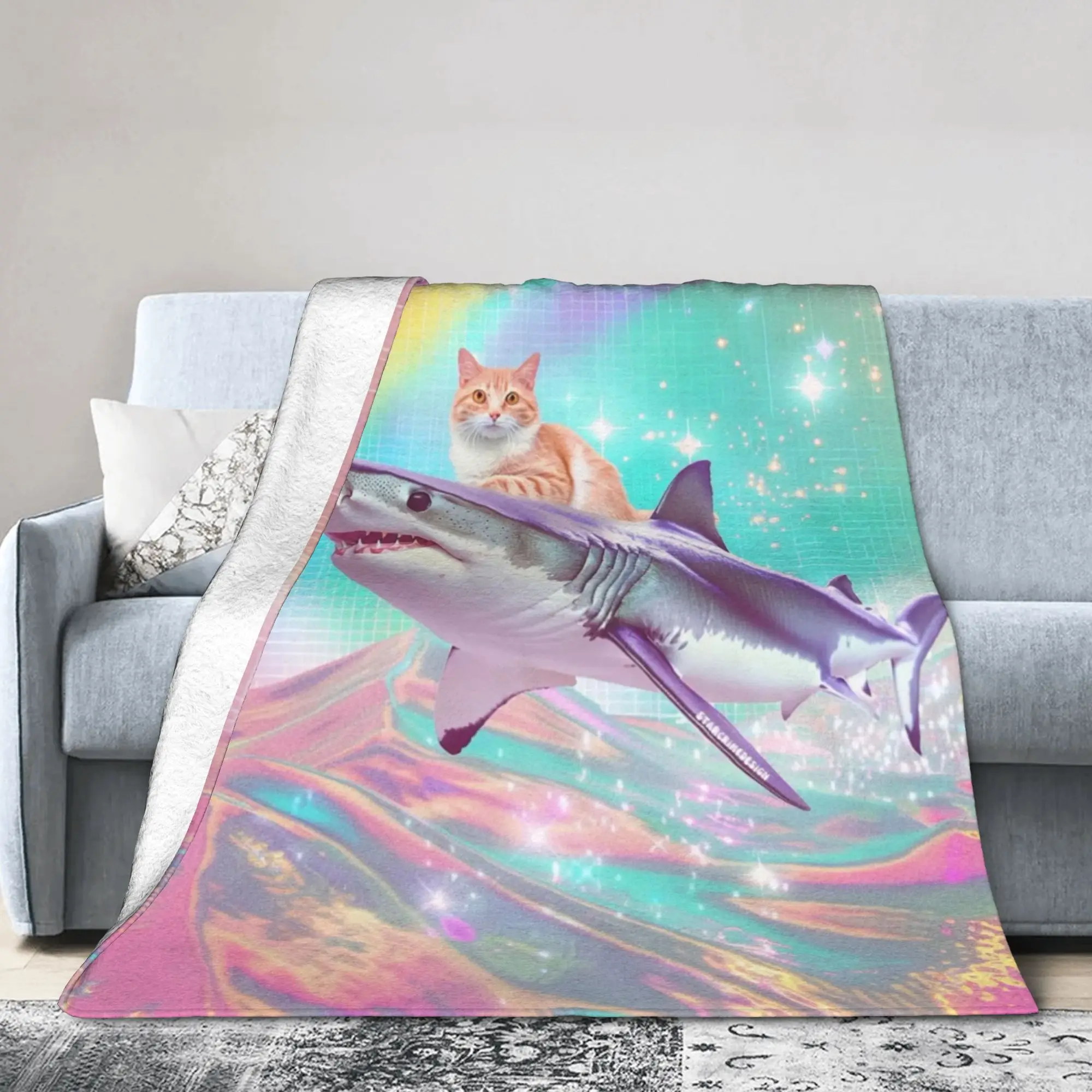 Cat Riding A Shark Frutiger Aero Blankets Velvet Summer Air Conditioning Multifunction Throw Blankets for Home Bedroom Quilt