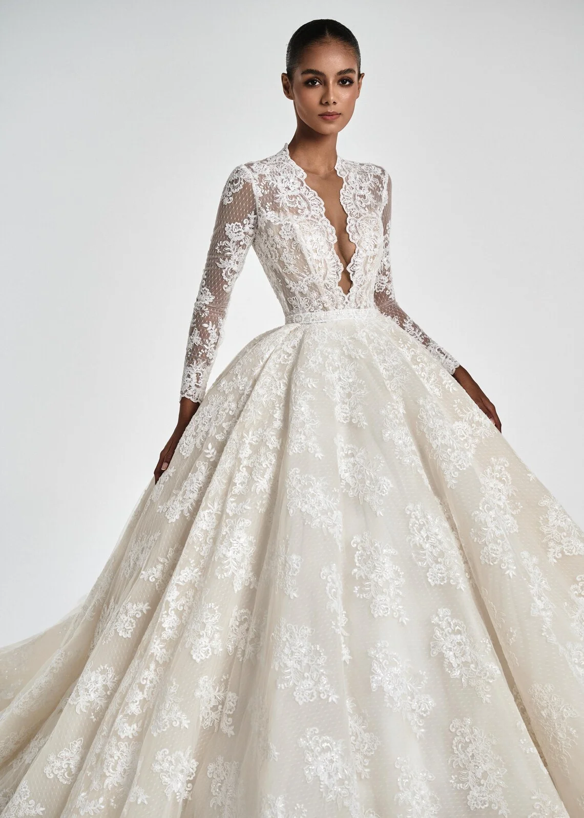 Deep V Neck Long Sleeve Lace Wedding Dress Dot Tulle Ball Gown Cathedral Train Full Lace Appliques Bridal Gown Custom Made Custo