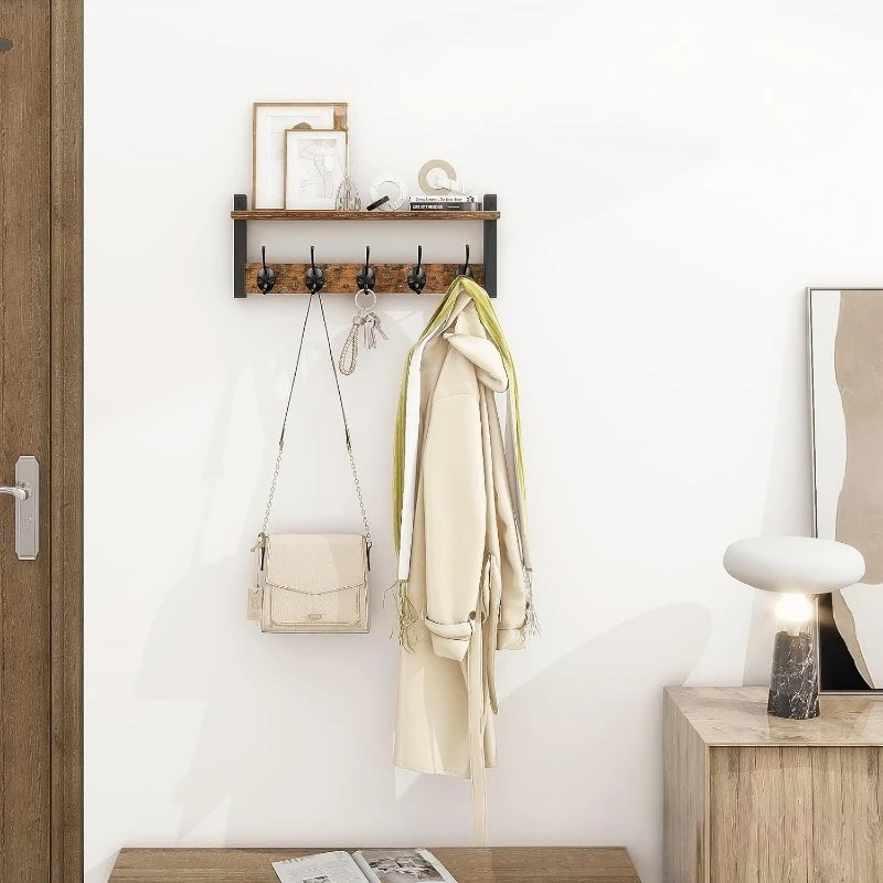 لوازم الحمام المخصصة المطبخ الخشب الصلب الحفر تخزين الرف حمالة تعليق جدارية مع 5 خطاف لتخزين ديكور المنزل حمالة تعليق جدارية #6
