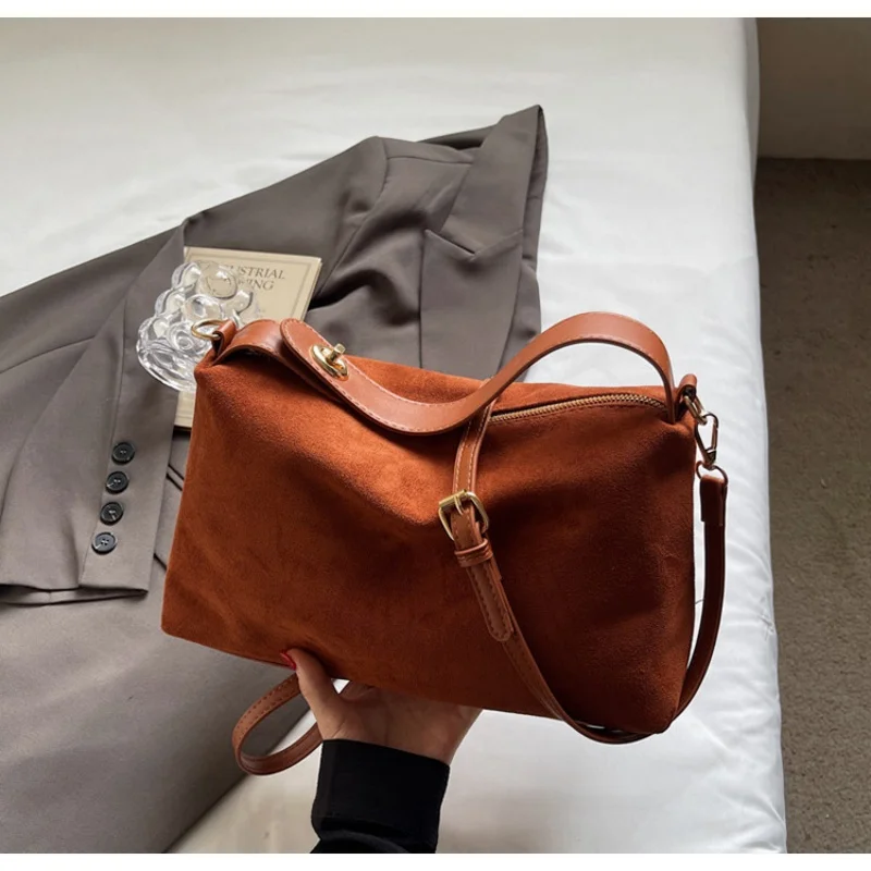 Women Vintage Suede Hobo Handbag, Removable Shoulder Strap Solid Color Soft Casual Crossbody Pillow Purse