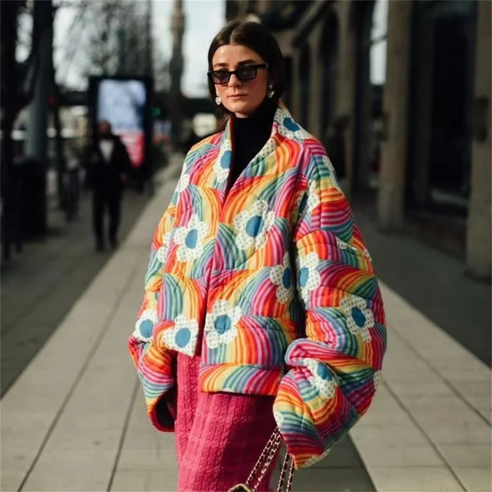 Women's cotton clothing 2025 autumn and winter new rainbow flower fashion jacket with cotton clip