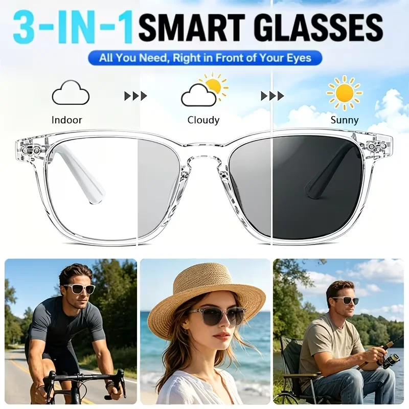 Smart AI Translation Glasses, Ultra‑Light Portable Eyewear Supporting 164 Languages, Photochromic Lenses, Open‑Ear Design for Hands‑Free Calls & Music, for Travel Sports Daily Use