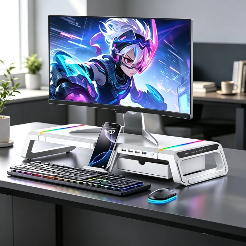 Adjustable Foldable Monitor Stand Riser USB 3.0 Hub Charging Laptop Desktop Shelf Storage Organizer Office Home Desk 모니터 받침대