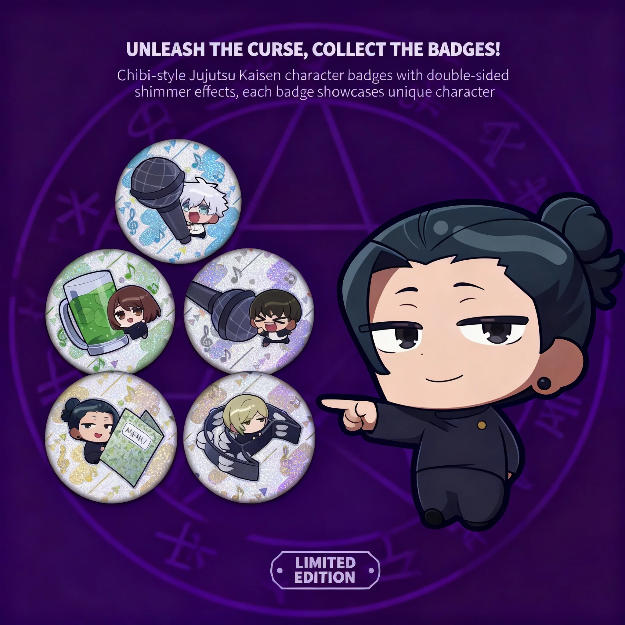 

Jujutsu Kaisen Anime Badge Gojo Satoru Geto Suguru Q Version Cute Double Flash Metal Pin Silver Glitter 75mm 58mm 180 184