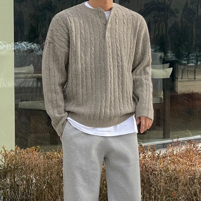 

Autumn Winter New Fashion Men's Solid Color Button Casual Trendy O-neck Long Sleeve Knitted Pullovers Male Clothes Sweaters Tops