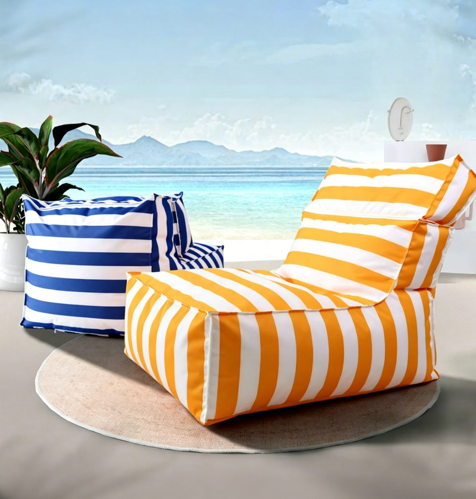 #Oxford Cloth Waterproof Striped Lazy Sofa Chair Removable Washable Cover Portable Folding Floor Seat Beach Balcony Camping