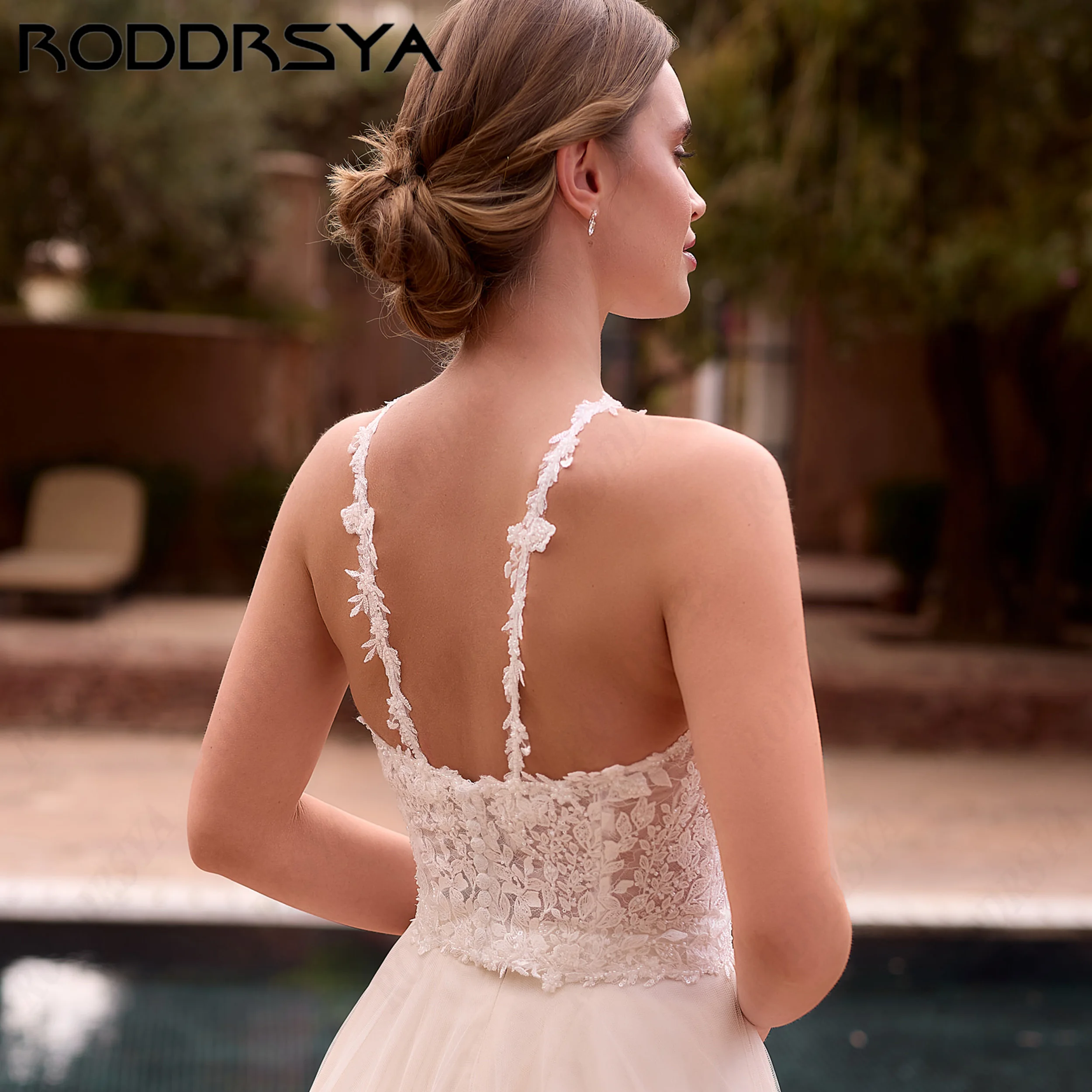 RODDRSYA Halter neck Lace Appliques Wedding Dress Tulle A-Line Bride Dresses For Women Court Train Bow Bridal Gown Customized