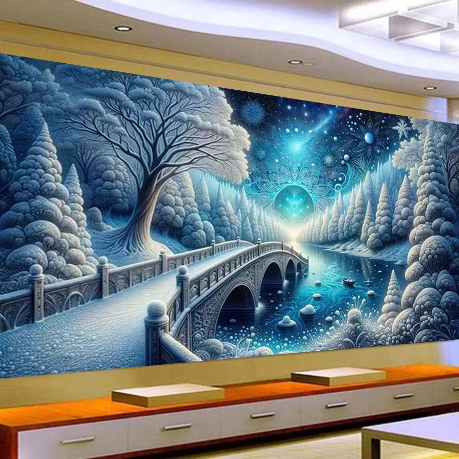 

New Diy Diamond Painting Kits Large Size Winter Snow Scenery Full Square Round Drill Bridge River Mosaic Embroidery Picture