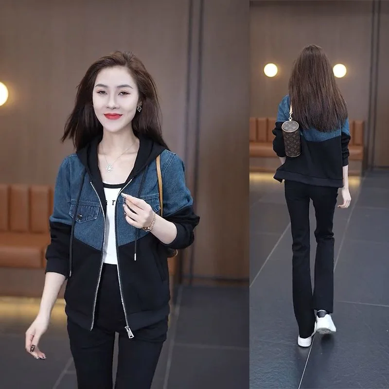 Splicing Short Denim Jacket Women\'s 2024 Spring And Autumn New Coat Korean Fashion Loose Casual Joker Hooded Top