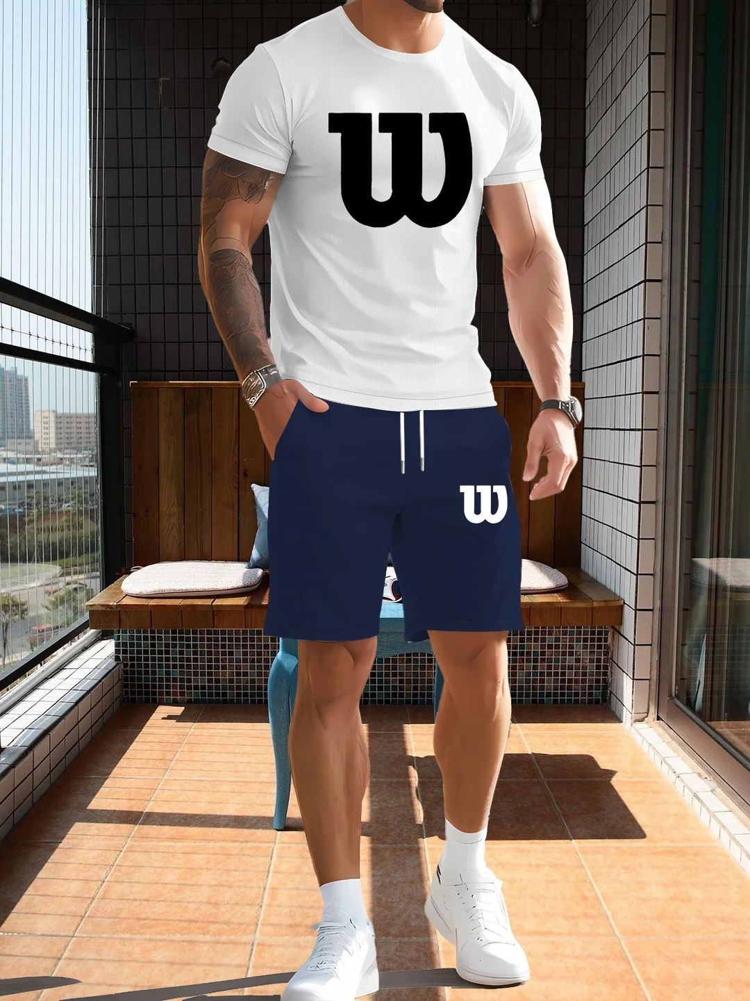 

2-piece set of high-definition patterned printed men's summer short-sleeved suit, including men's casual sports round-neck short