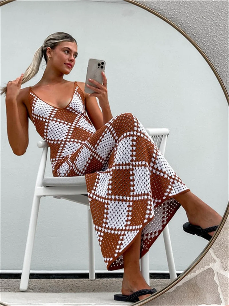 Letnia seksowna sukienka z odkrytymi plecami, bandażowa, w kratę, dzianinowa, damska narzutka na bikini szydełkowe, długi strój plażowy, damski strój kąpielowy, pareo
