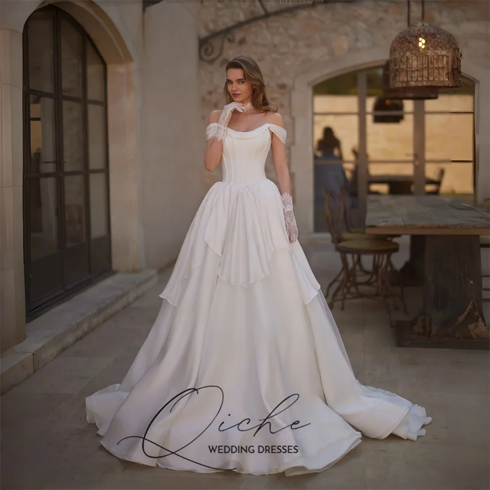 QICHE Modern Satin A-Line Wedding Dress Off The Shoulder Boat-Neck Pleat Backless Bridal Party Gown Vestido De Noiva Customized