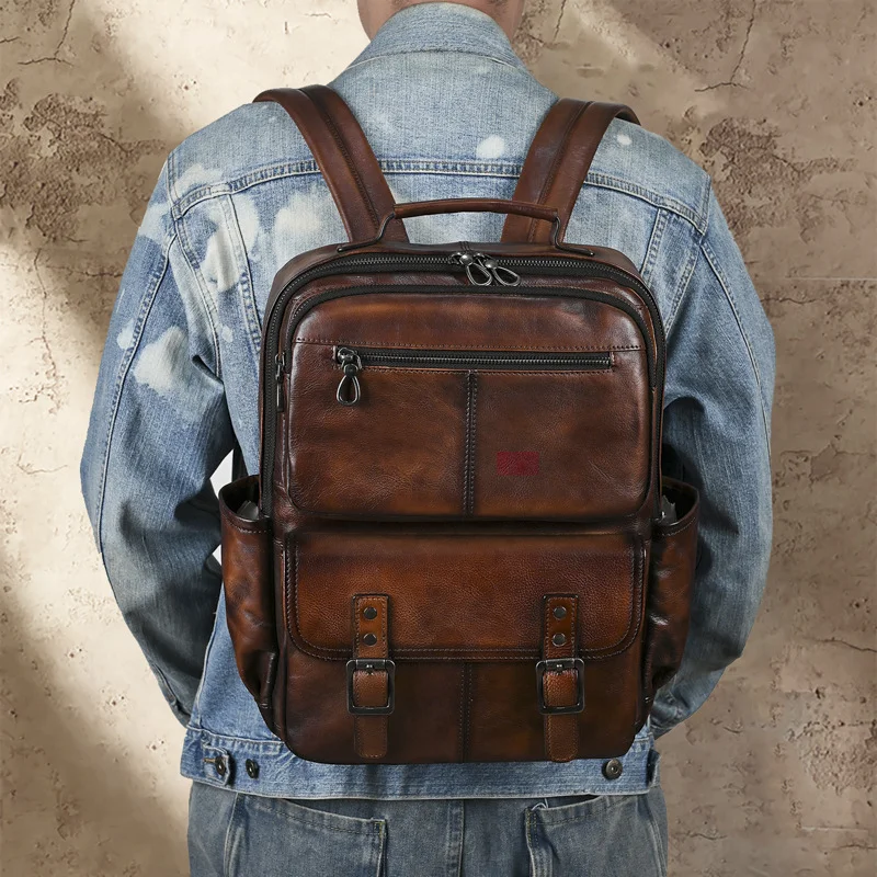 Retro Style Brown Men's Cowhide Backpack Multifunctional Travel Bag High-capacity Outdoors Women's Portable Crossbody Bag