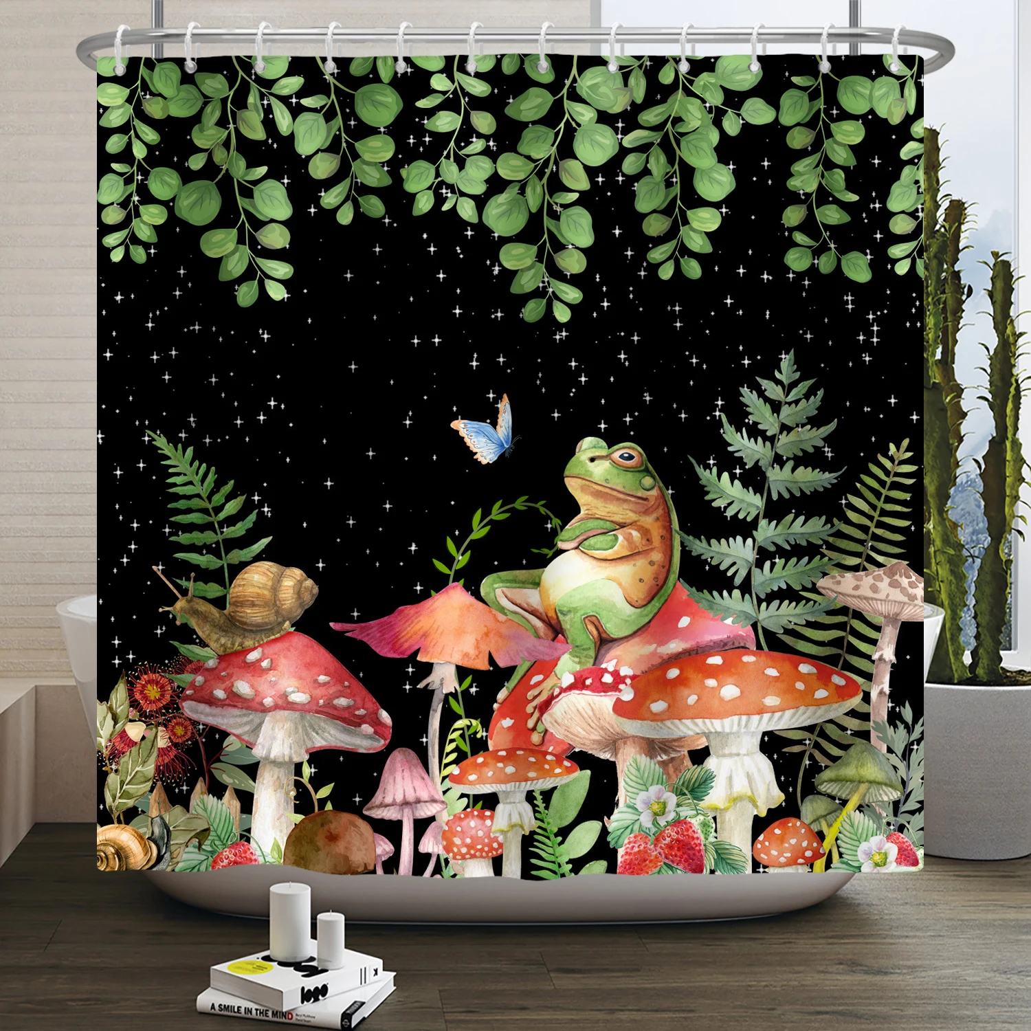 Funny Frog Shower Curtain for Bathroom Mushroom Butterfly Floral Green Plant Cartoon Animal Waterproof Polyester Shower Curtain