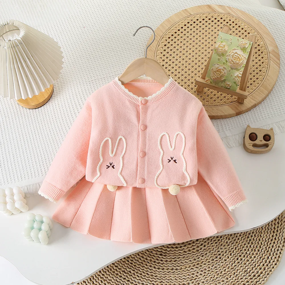 1-6Y Girls Spring Autumn 2PCS Clothes Set Lace Collar Cartoon Rabbit Kid Girls Cardigan Coat Knitted Baby Girls Skirt Sweet Suit