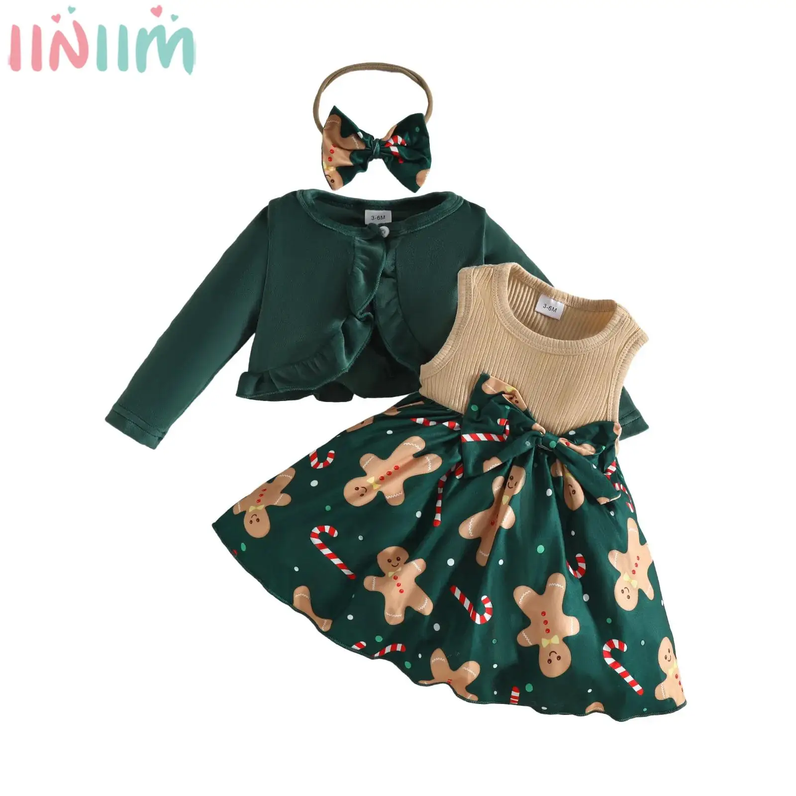 

Toddler Baby Girls Christmas Outfit Long Sleeve Velvet Cardigan with Sleeveless Bow Xmas Print Dress Headband for Daily Party