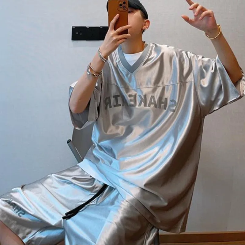Summer V-neck Shiny Sports Large Size Short-sleeved T-shirt Men Loose Casual Personality Tops Street Dance Hip-hop Men T-shirts