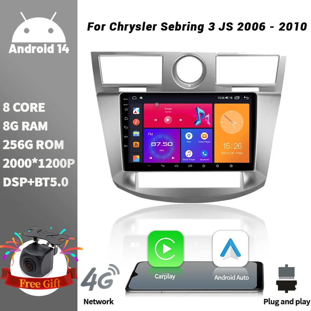 

For Chrysler Sebring 3 JS 2006 - 2010 Android 14 Car Radio Stereo Multimedia Video Player Navigation GPS Carplay WIFI 4G 5G BT