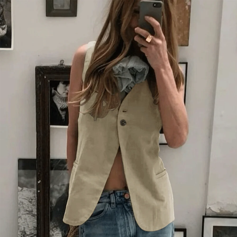 

Women's Vest Spring Summer Slessveless Top Two Button Jackets Casual Slim Fit Gilet Khaki Women Clothing Fashion 2024 New