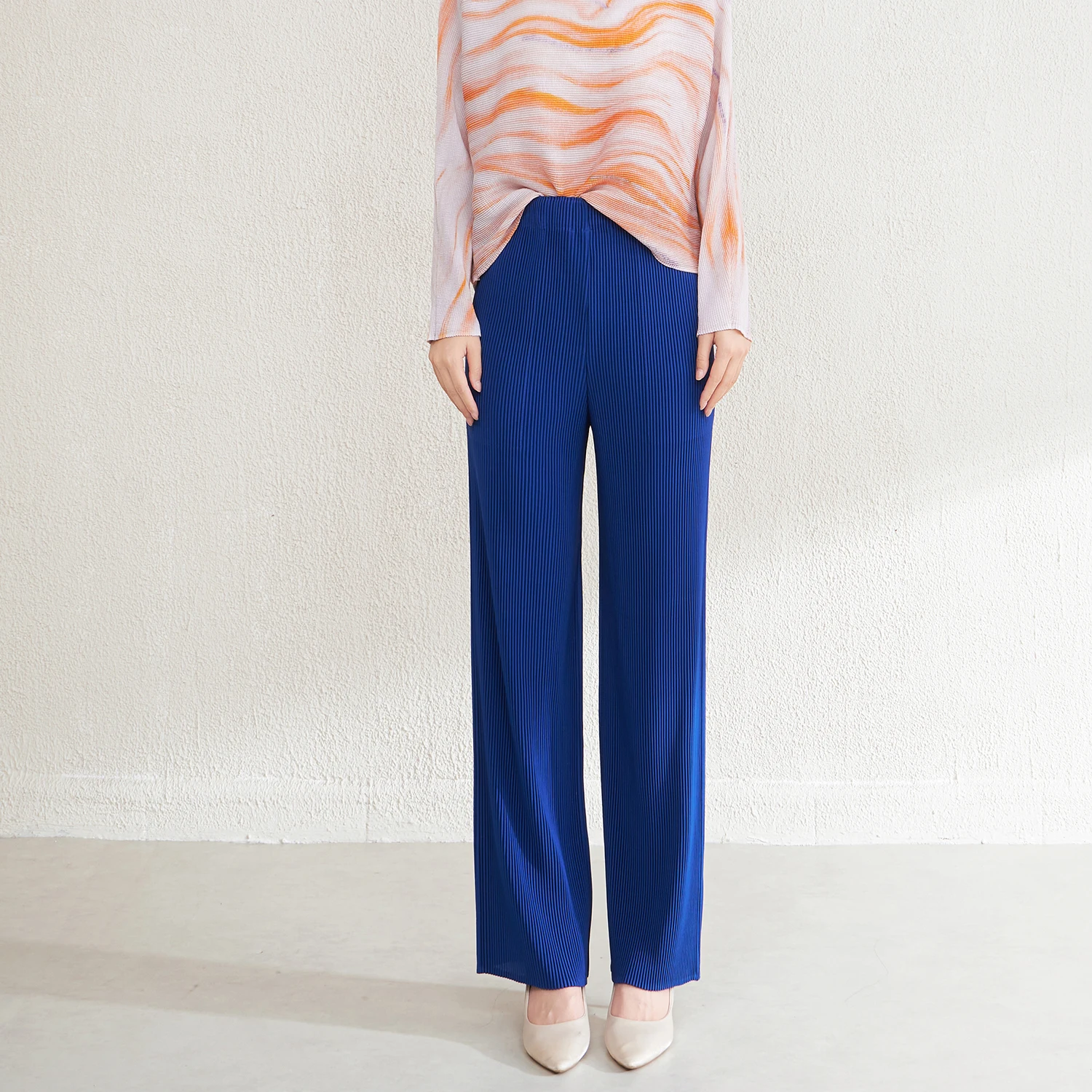 고품질 미야케 플리츠 공장 여성 캐주얼 스트레이트 바지 폴리에스터 원단 플리츠 공예 바지