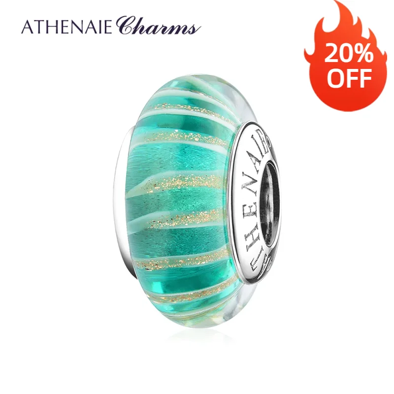 ATHENAIE 925 Sterling Silver Gold Shimmering Ribbon Green Underwater World Murano Glass Charms Beads fit DIY Charm bracelet