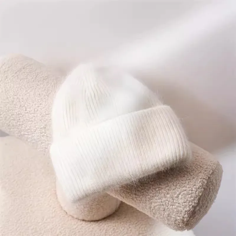 New Fashion White Rabbit Fur Beanies Hat Women\'s Winter Soft Warm Knitted Hat Lady Korean High Quality Thicked Skullies Caps