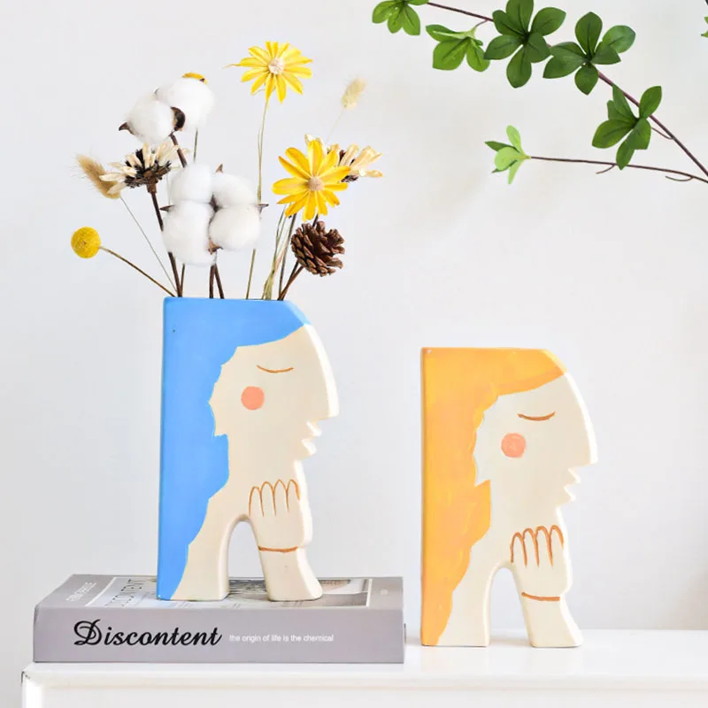 Nordic Ins Girl Figurines Art Vase Flower Arrangement Living Room Display Artware Bedside Decoration Crafts Home