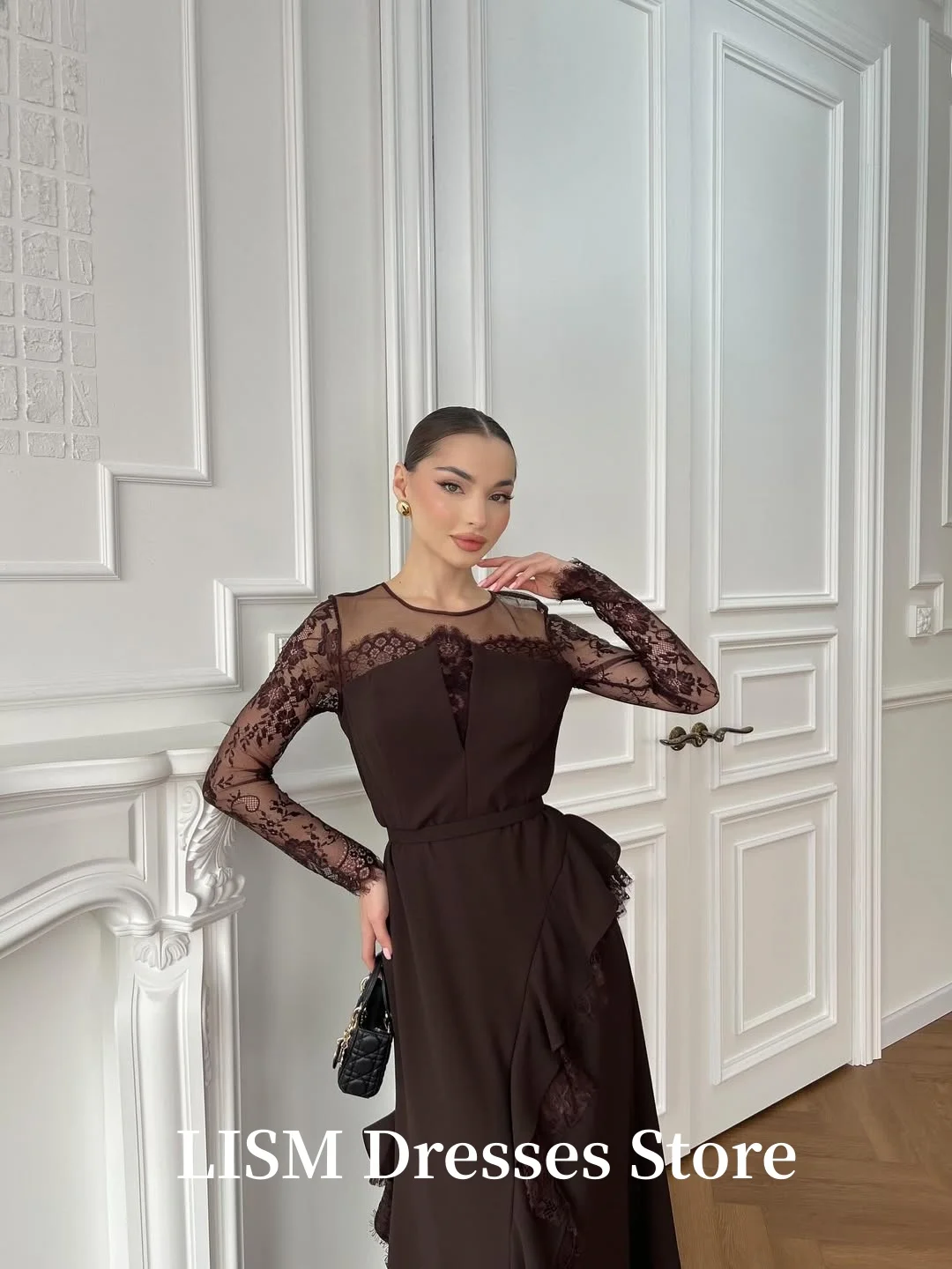 LISM OネックブラウンイブニングドレスAラインシルクシフォンレースカスタマイズフルスリーブエレガントプロムドレス
