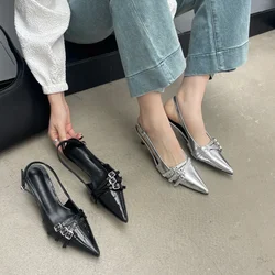 Slingbacks Pumps New Ladies Medium Heels Shoes Female Shallow Fashion Pointed Toe Footwear Women Heeled Shoes Wine Red 2024