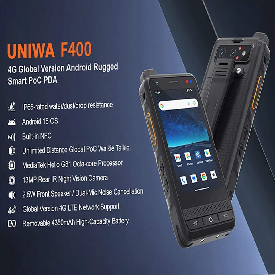 UNIWA F400 Rugged PDA with PoC Walkie Talkie Zello IP65 Smartphone Android 15 4350mAh 4.0 Inch 4G Global Range Walkie Talkie NFC