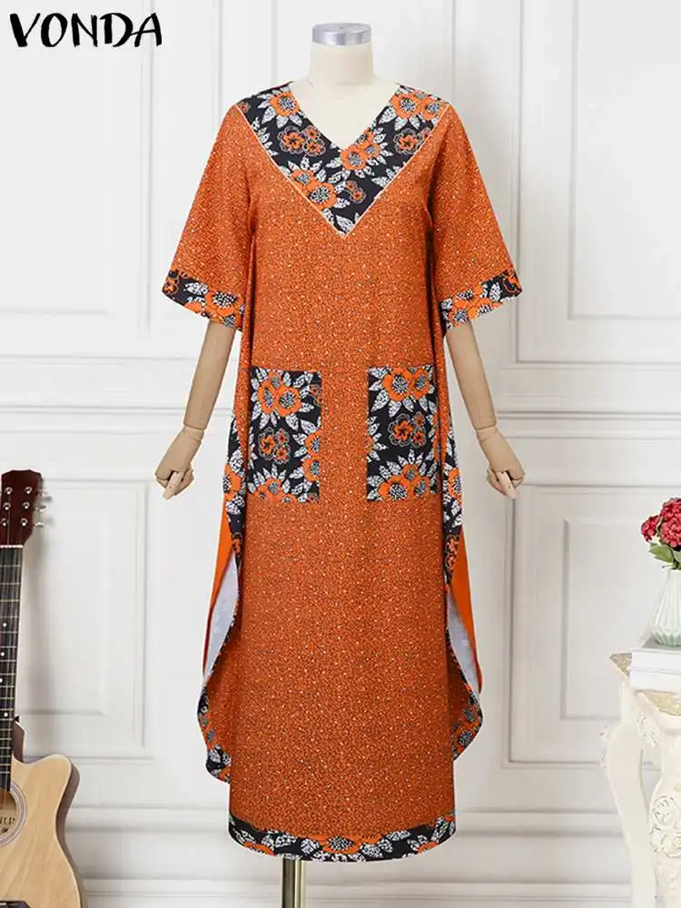 Plus Size 5XL VONDA Bohemian Women Sundress Maxi Dress Summer V-Neck Short Sleeve Printed Fashion Casual Pockets Loose Long Robe