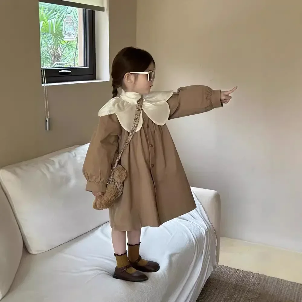Sweet Petal Collar Girls\' Autumn Mid-length Trench Coat Girls Coat  Spring Autumn Kids Jackets for Girls  Girls Coat
