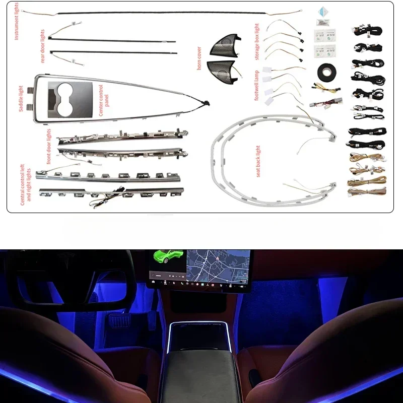 Iluminação ambiente do carro led atmosfera interior luz noturna cores led para tela modelo y carro ambiente luzes