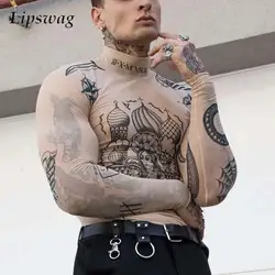 Sexy Stretch Slim Long Sleeve T Shirts Men Y2K Style Printed Turtleneck Tops For Mens Autumn Streetwear Fashion Bottoming Tees