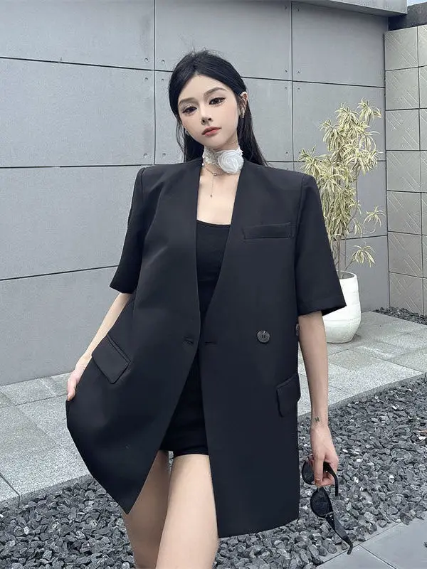 

Casual Women's ort Sve Suit Jaet Thin Drapey Loose Fit Summer New Sle V-Ne Commute Sle Pure Color Busin Wear