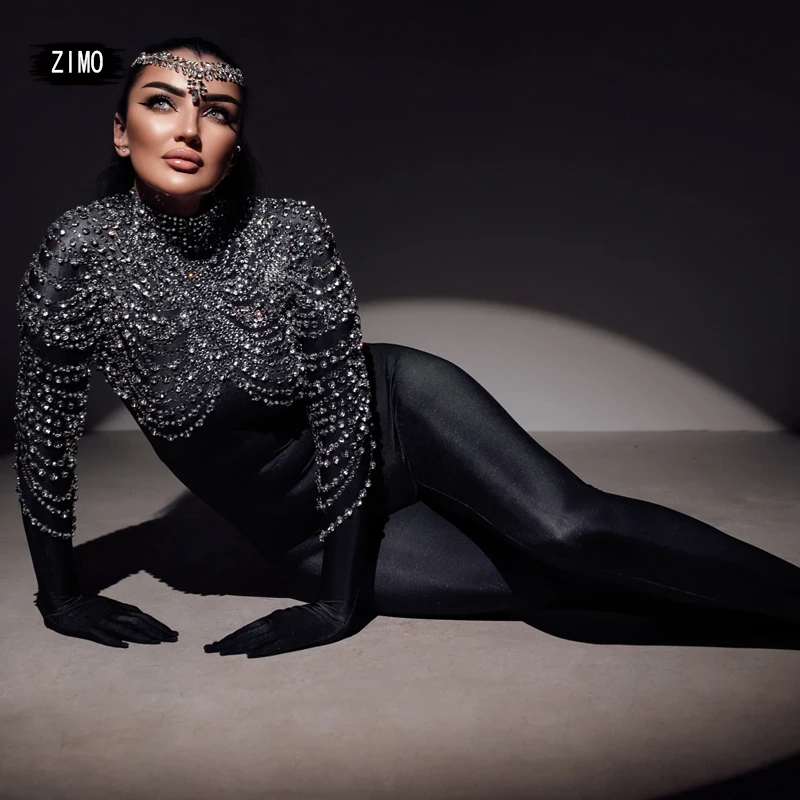 glitter rhinestones long sleeve black jumpsuit gloves Singer Stage sexy Birthday club party pole dancer wear outfits Celebrate