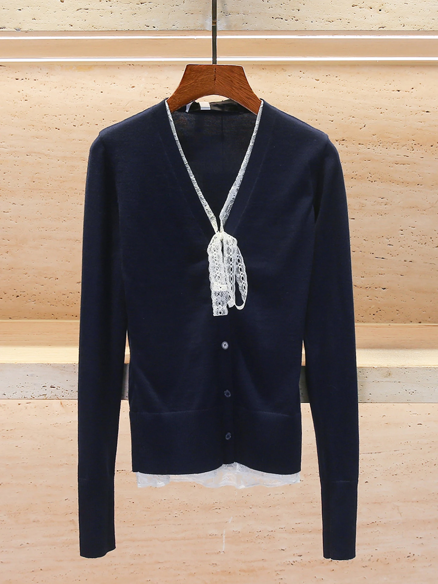

Elegant V-neck Knitted Cardigan with Lace Knot Premium Women's Spring Fashion Top Soft Polyester Long Sleeve