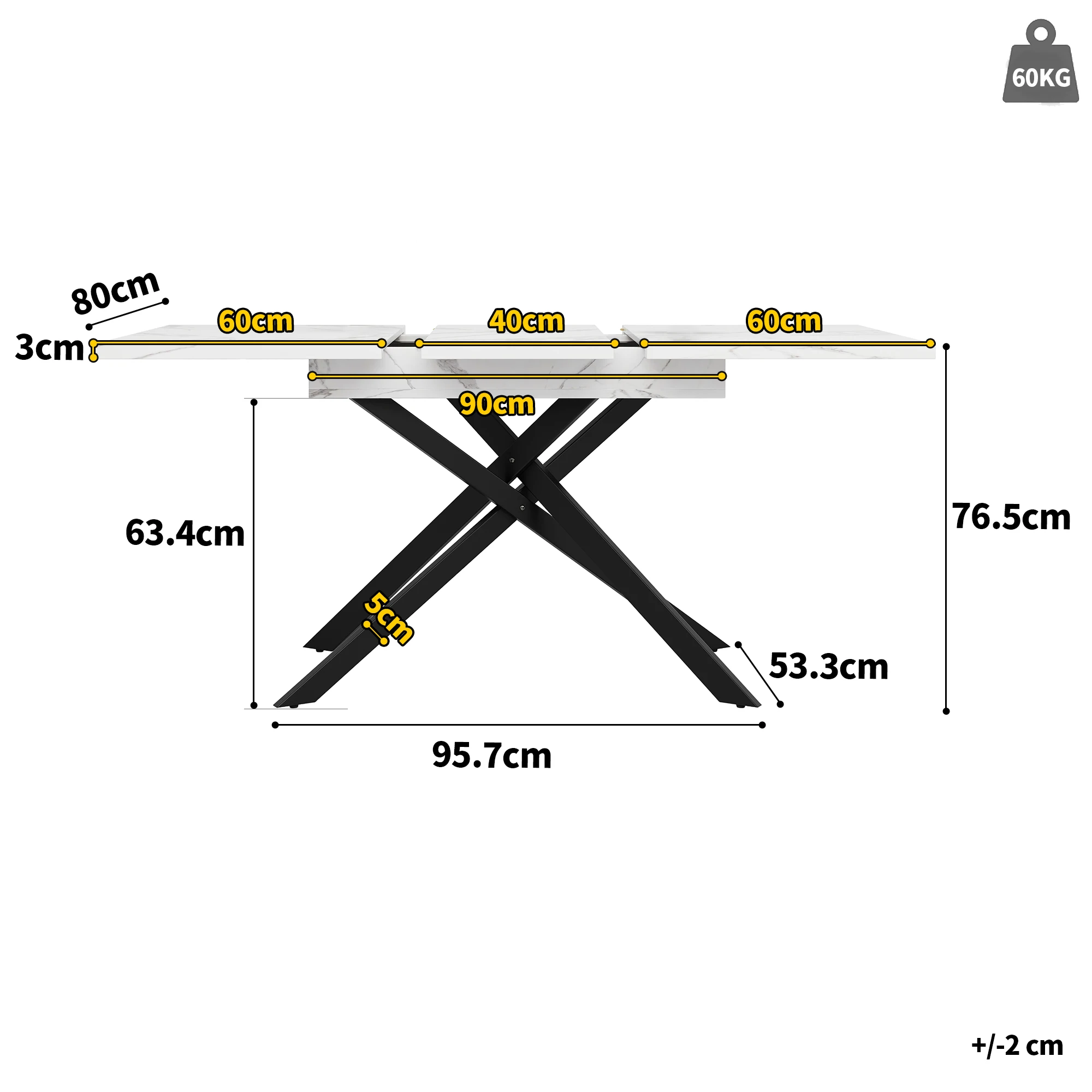 Telescopische eettafel, 140/180x80x75cm, ijzeren metalen poten en vierkante buispoten (modern wit MDF tafelblad met marmerpatroon)