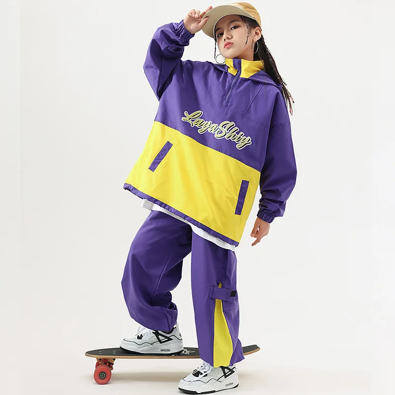 Kid Hip Hop Clothing Purple Yellow Pullover Hoodie Jacket Top Casual Street Jogger Pants for Girl Boy Dance Costumes Set Clothes