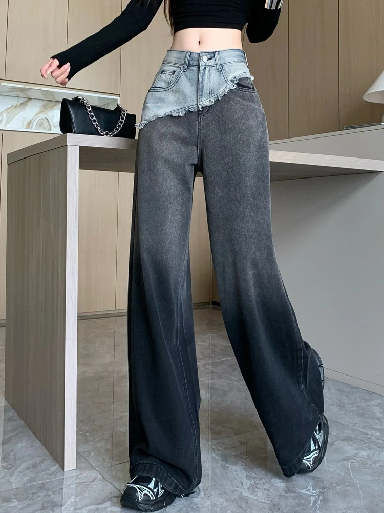 Autumn design splicing with fringed edges high waist retro floor length wide leg pants gradient color straight leg jeans