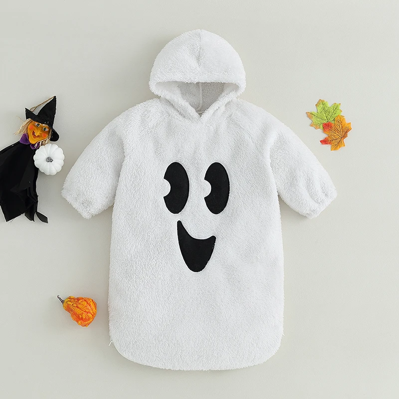 0-6M Infant Baby Fuzzy Plush Halloween Jumpsuit Zipper Footies Ghost Face Print Long Sleeve Hooded Rompers Toddler Clothes