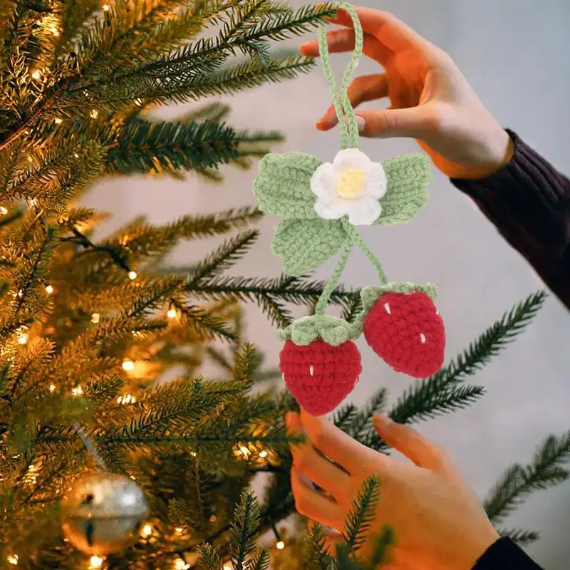 Strawberry Car Mirror Decor Cute Handmade Knitted Strawberry Car Pendant Fruit Hanger For Rear View Mirror Accessories Car Gifts view 3
