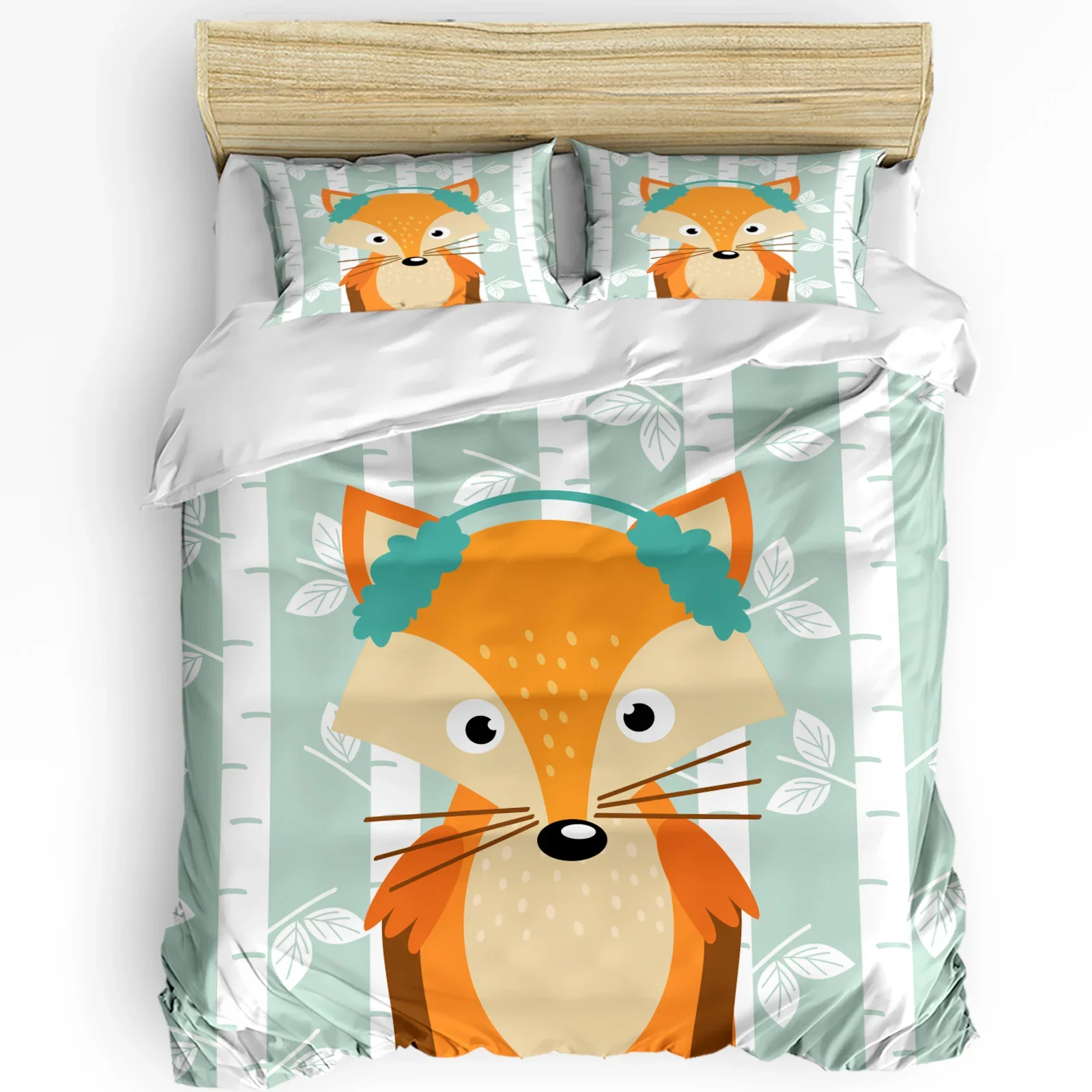 

3pcs Bedding Set Cartoon Fox White Birch Home Textile Duvet Cover Pillow Case Boy Kid Teen Girl Bedding Covers Set