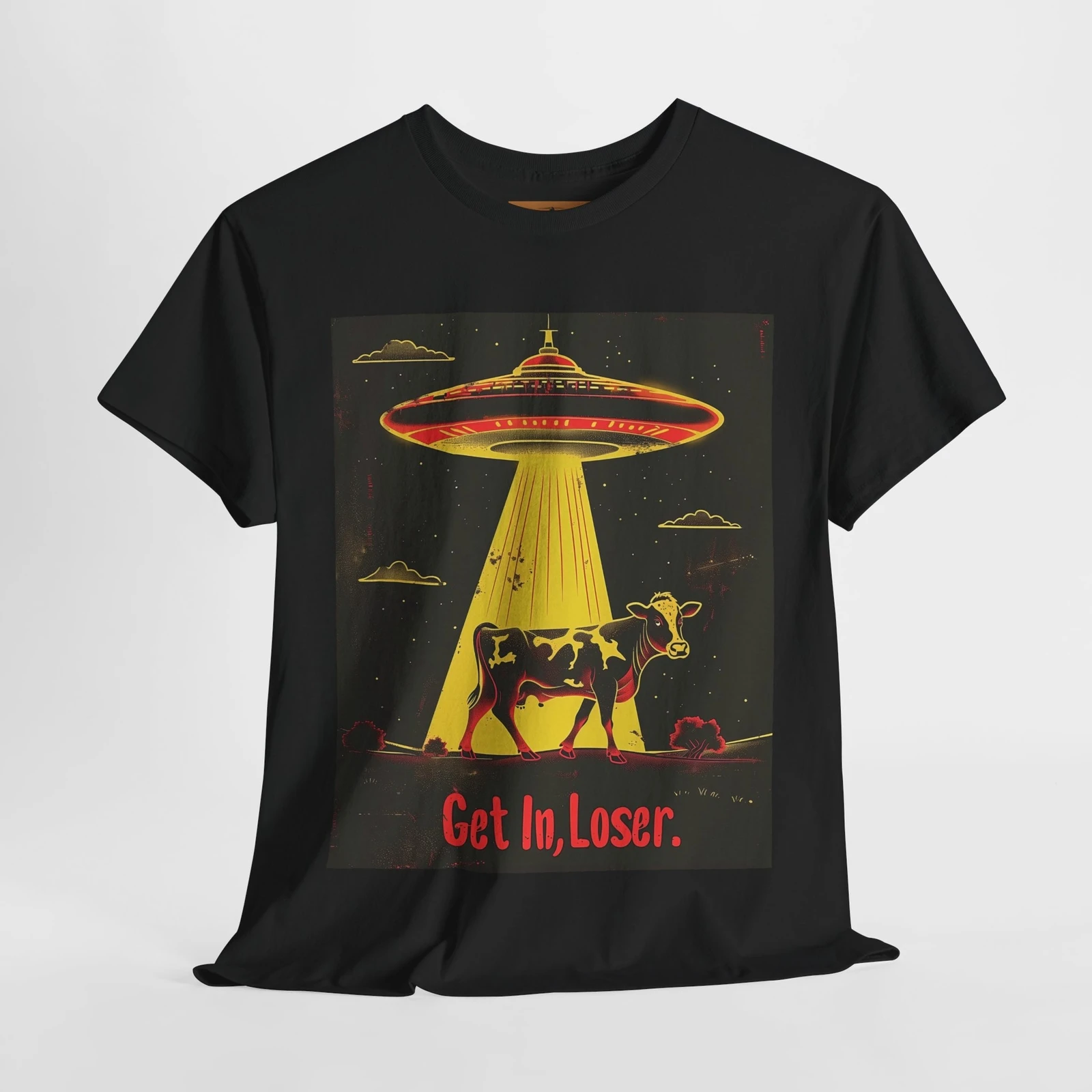 Get In, Loser UFO T-Shirt – Retro Sci-Fi Kuh-Entführung & leuchtender Strahl